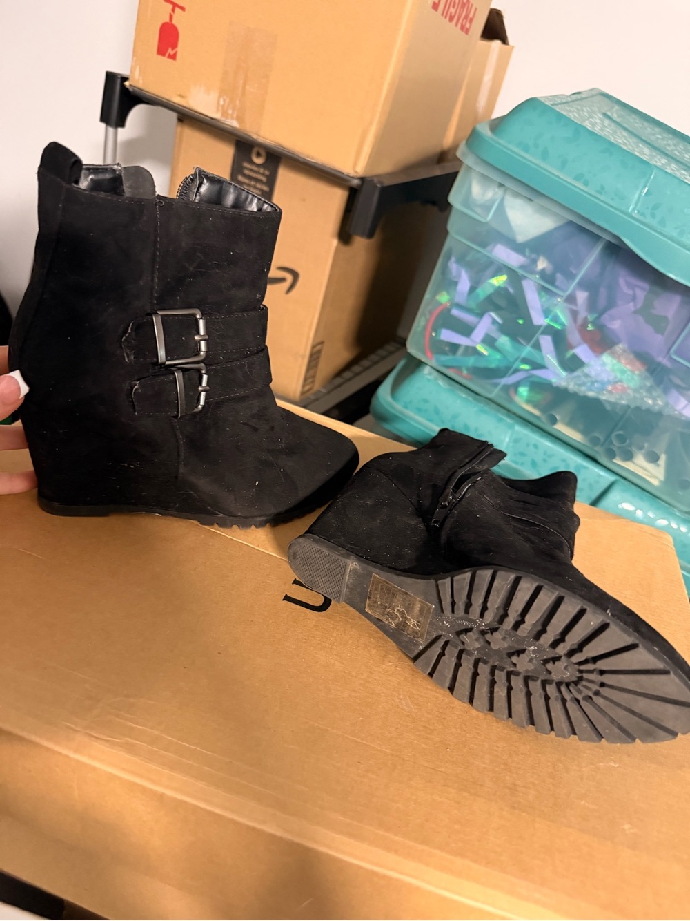 Wedged Black Suede Buckle Ankle Boots - Women